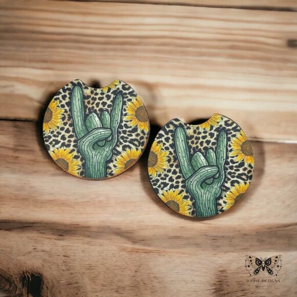 Cactus Sunflower Car Coaster Set | Car Accessories - Picture 2 of 9